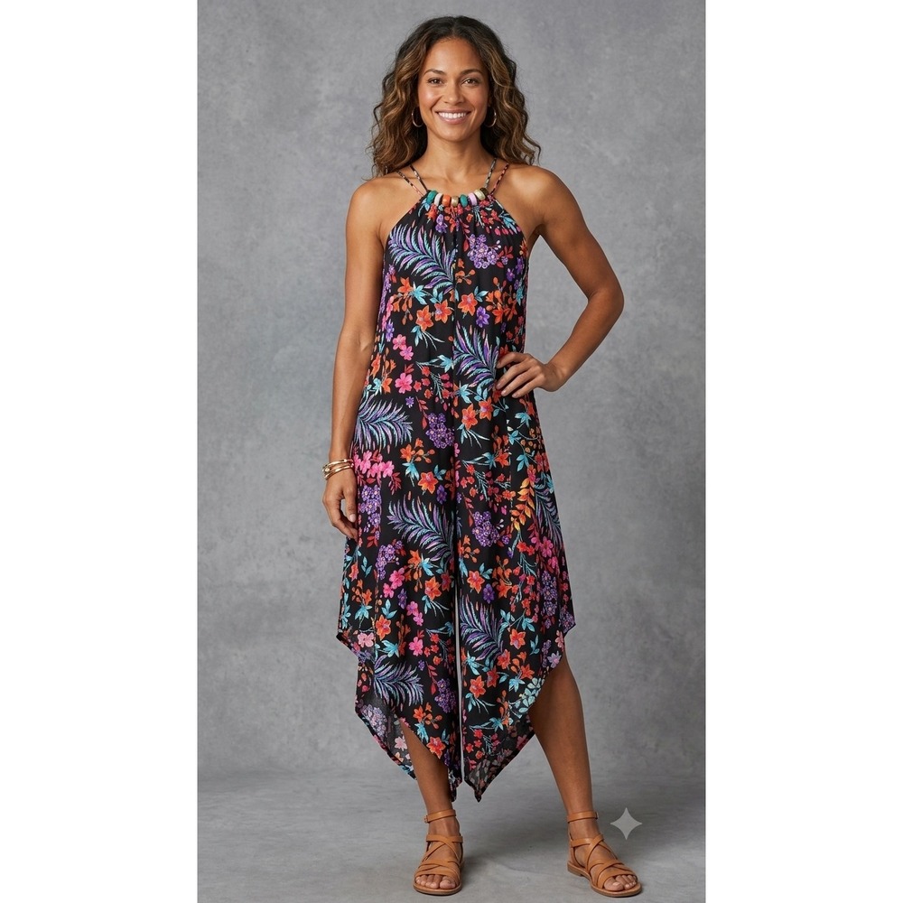 Cato Womens Floral Halter Jumpsuit Black Tropical Wide Leg Tulip Hem Size L